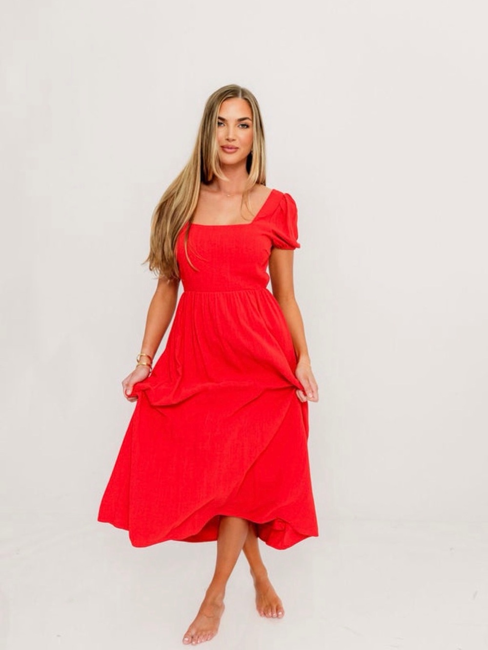 August (Worth Collective) Open Back Square-Neck Midi Dress in Poppy